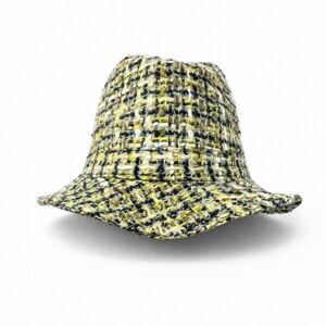BOUTIQUE Tweed Bucket Hat | Black Yellow Woven Texture Chic Statement Accessory